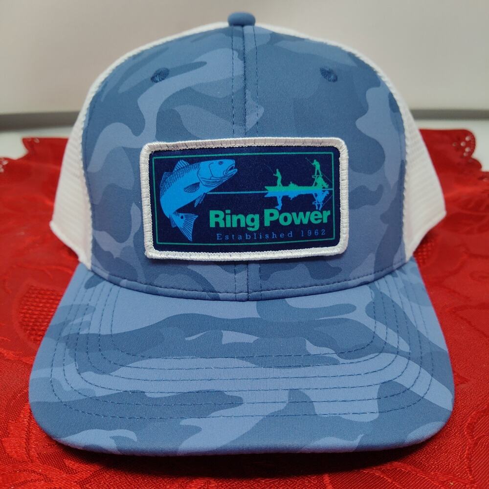 CAT Caterpillar Trucker Hat Mens Adjustable Blue Ring Power Mesh Fishing